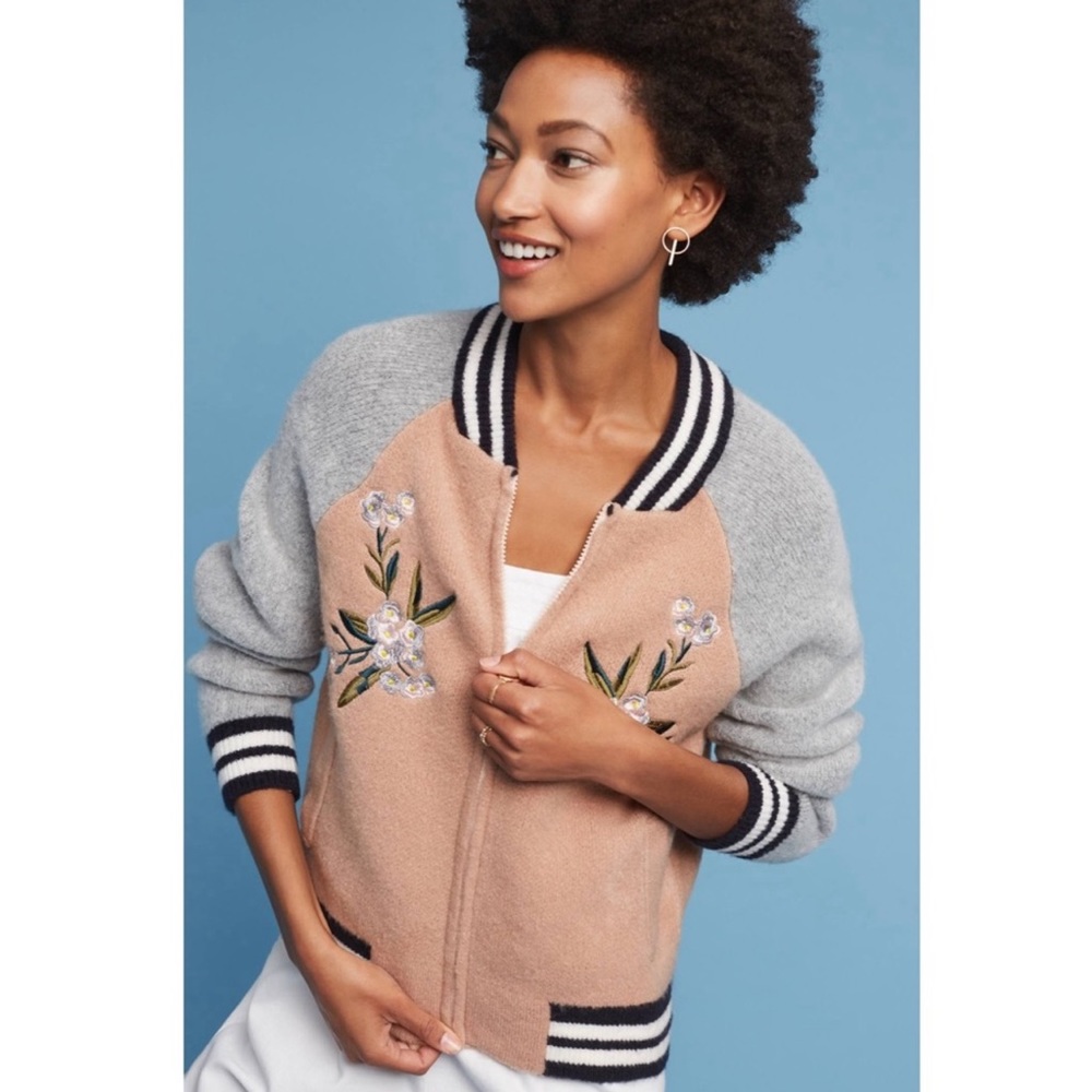 Maeve Anthropologie Varsity Embroidered Floral Blush Sweater Bomber Jacket XL